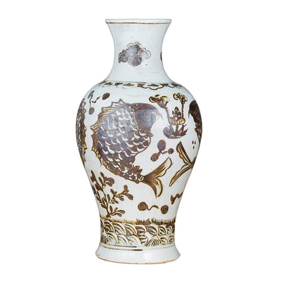 Rust Brown Fish & Lotus Vase