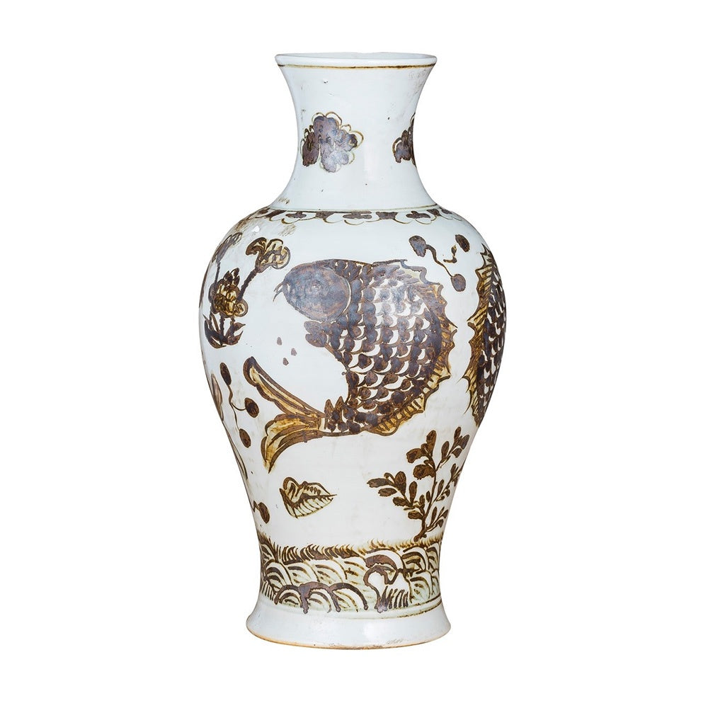 Rust Brown Fish & Lotus Vase