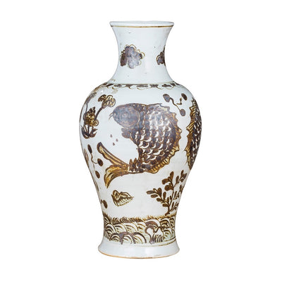 Rust Brown Fish & Lotus Vase