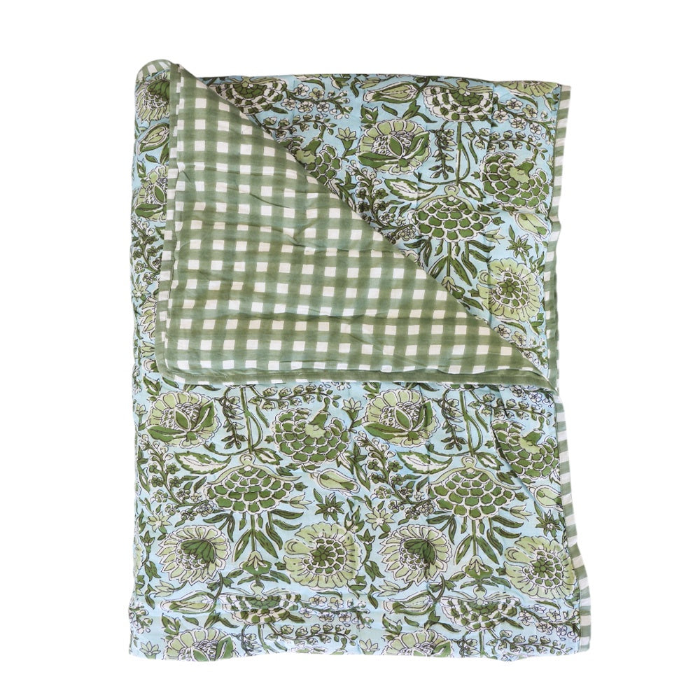 Sky Blue Floral & Check Quilt