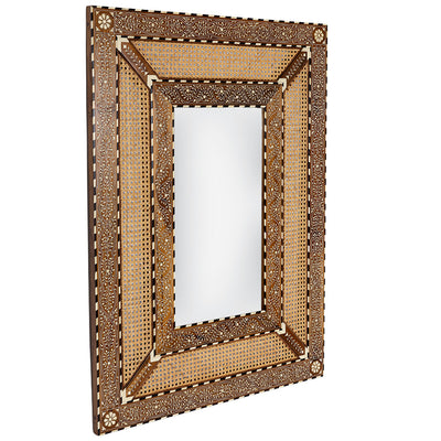 Teak Wood, Rattan & Bone Inlay Mirror