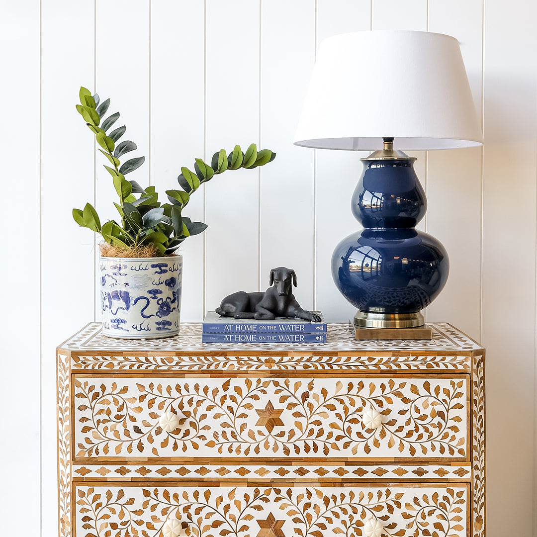 Teak & White Inlay Chest with Floral Pattern