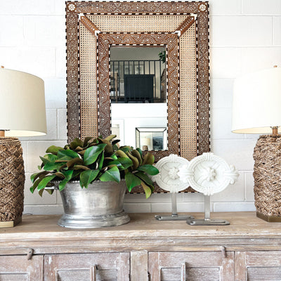 Teak Wood, Rattan & Bone Inlay Mirror