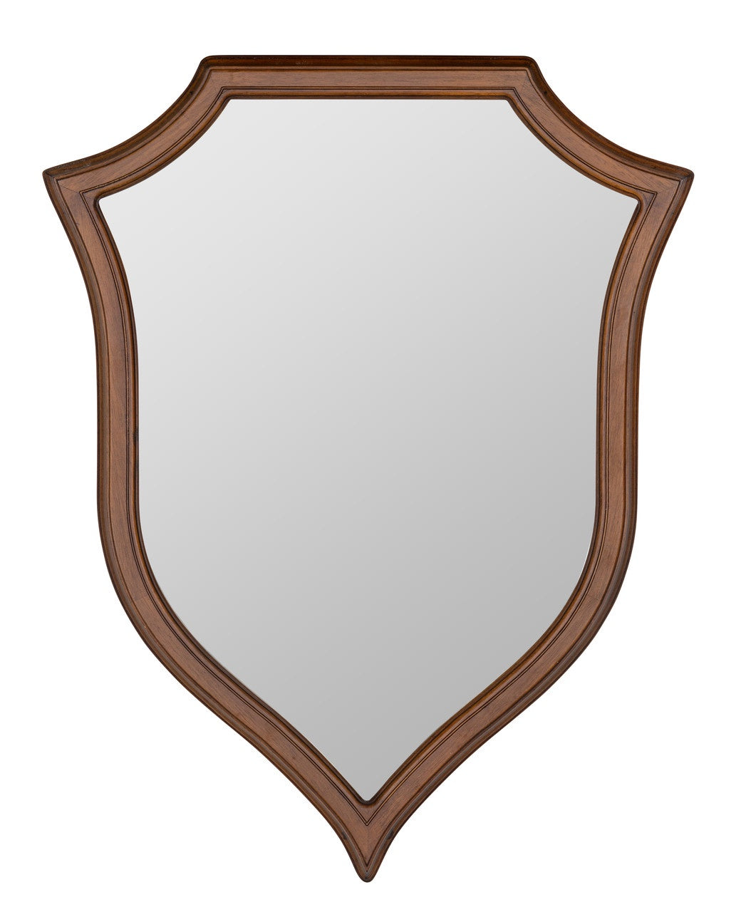 Shield-shaped mirror with wooden frame on a white background