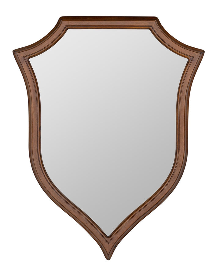 Shield-shaped mirror with wooden frame on a white background
