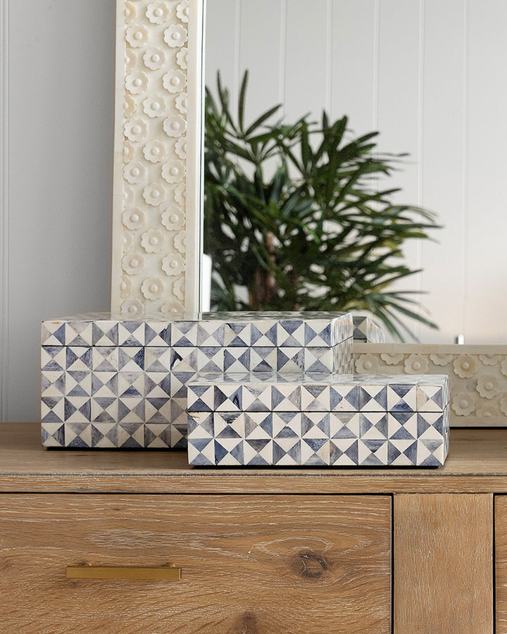 Blue & White Triangles Bone Box LGE
