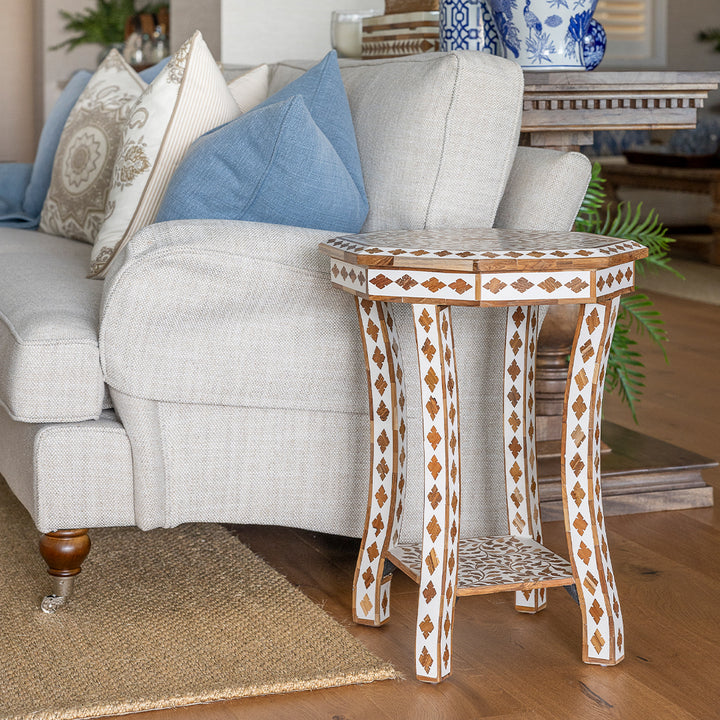 White & Teak Inlay Side Table
