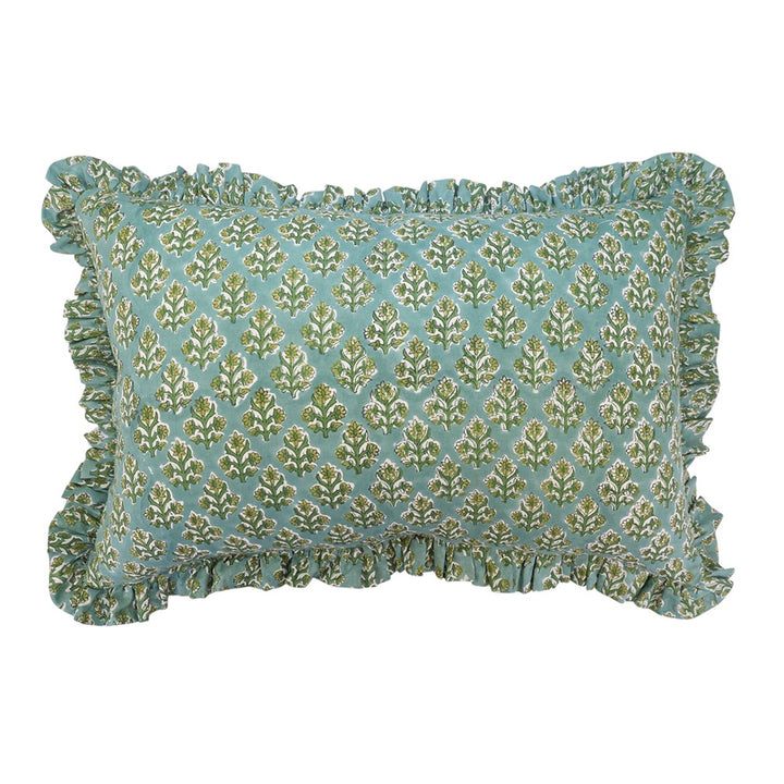 Willow Green & Floral Ruffle Cushion