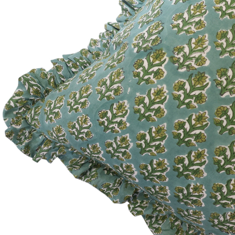 Willow Green & Floral Ruffle Cushion