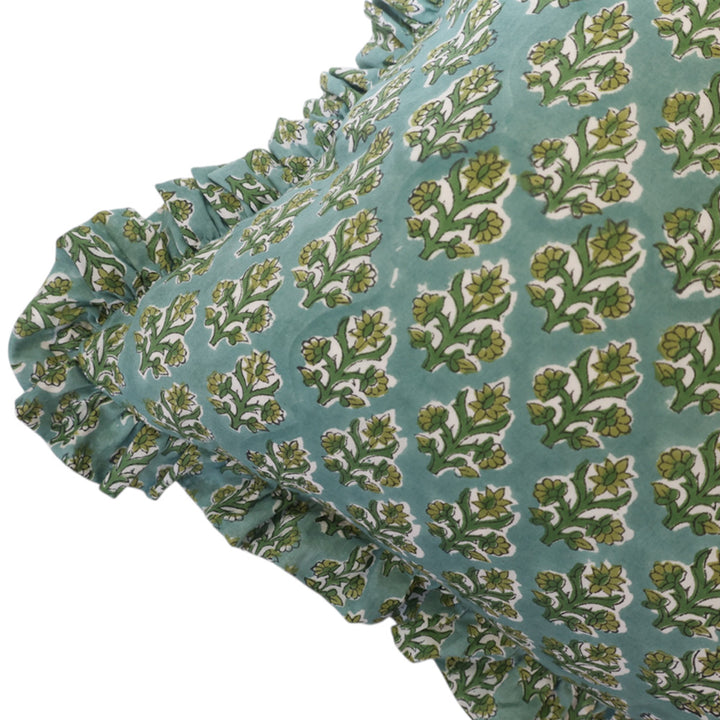 Willow Green & Floral Ruffle Cushion