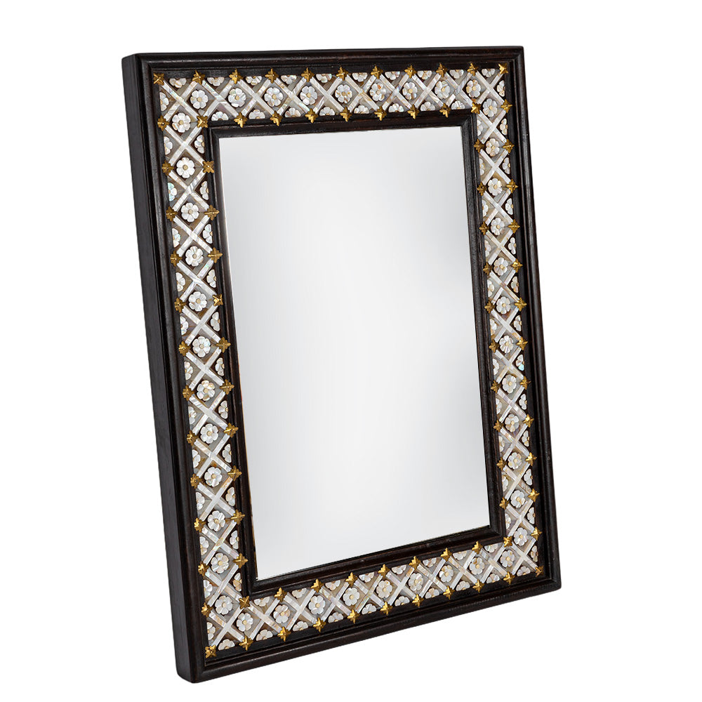 Wood & Mother Of Pearl Flower Mirror