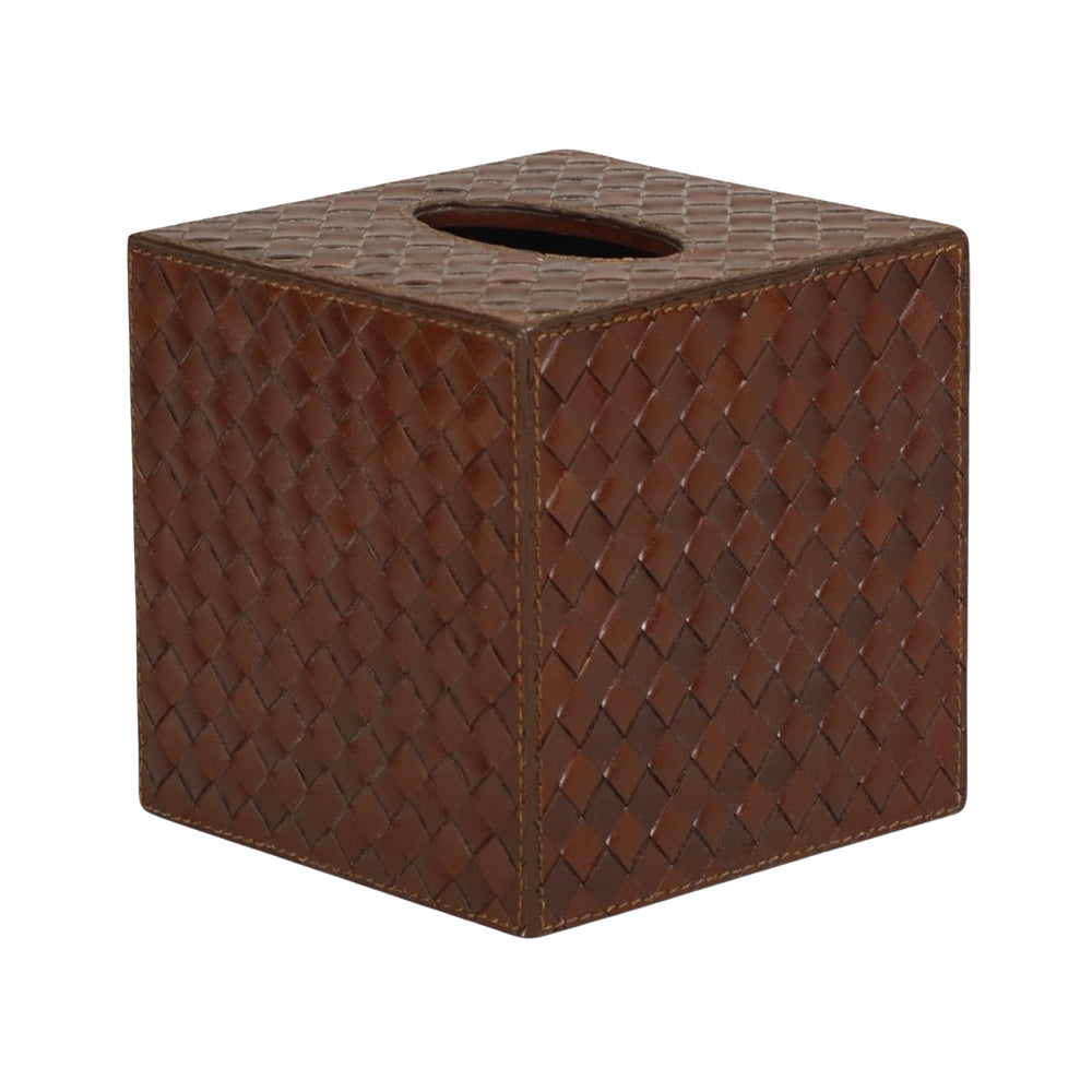 Brown woven tissue box cover on a white background