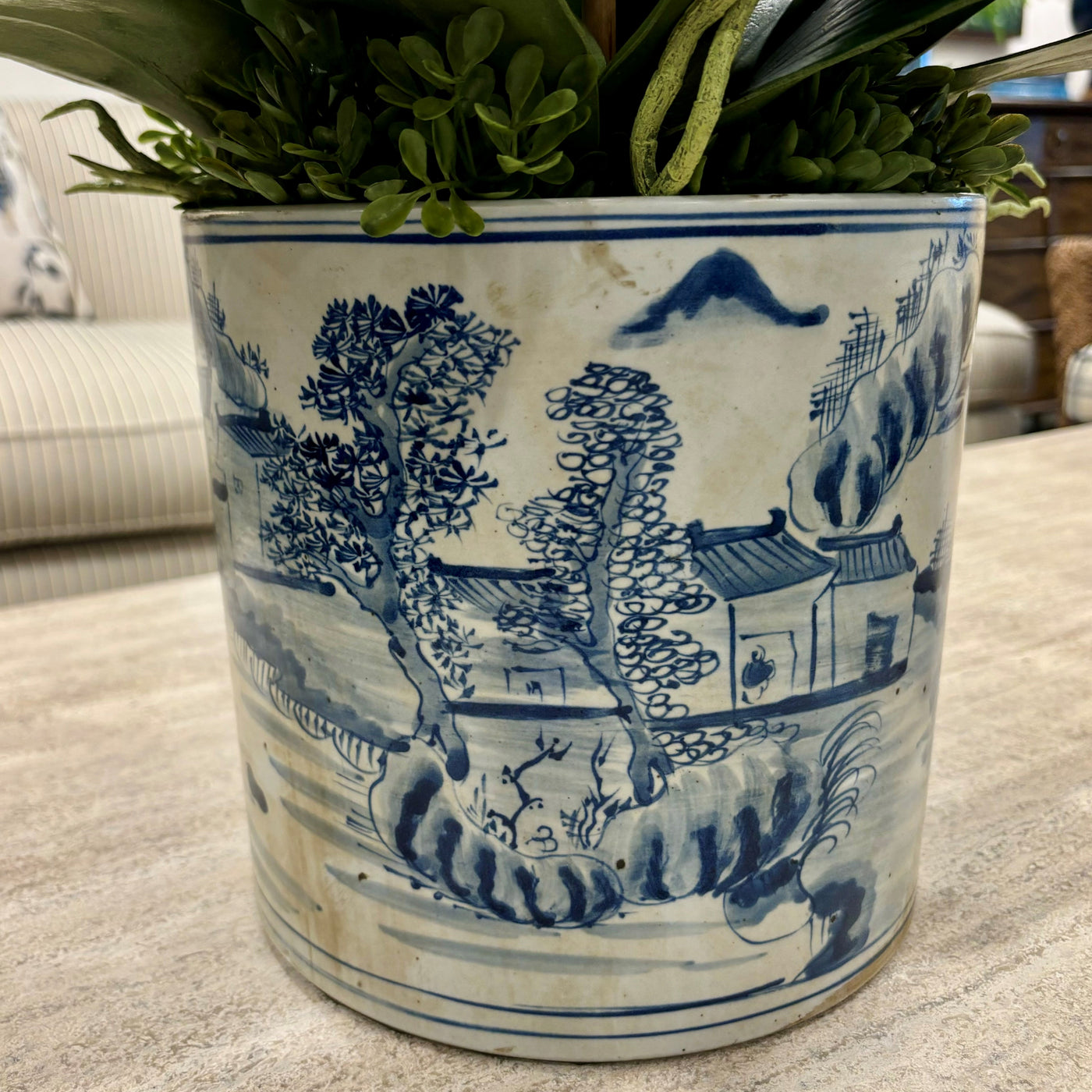 White Faux Orchids in Village Pot