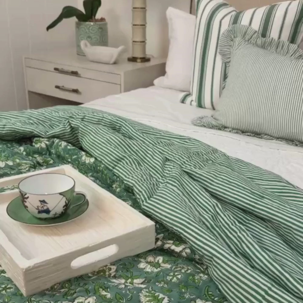 Jade Green Floral & Stripe Quilt