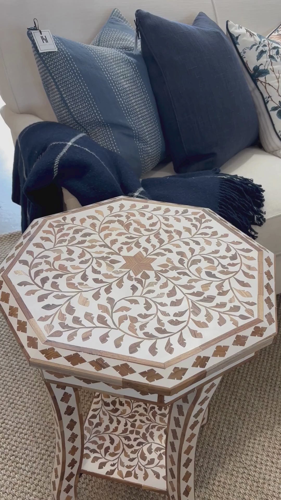 White & Teak Inlay Side Table