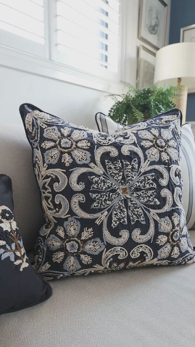 Navy Hand Embroided Cushion