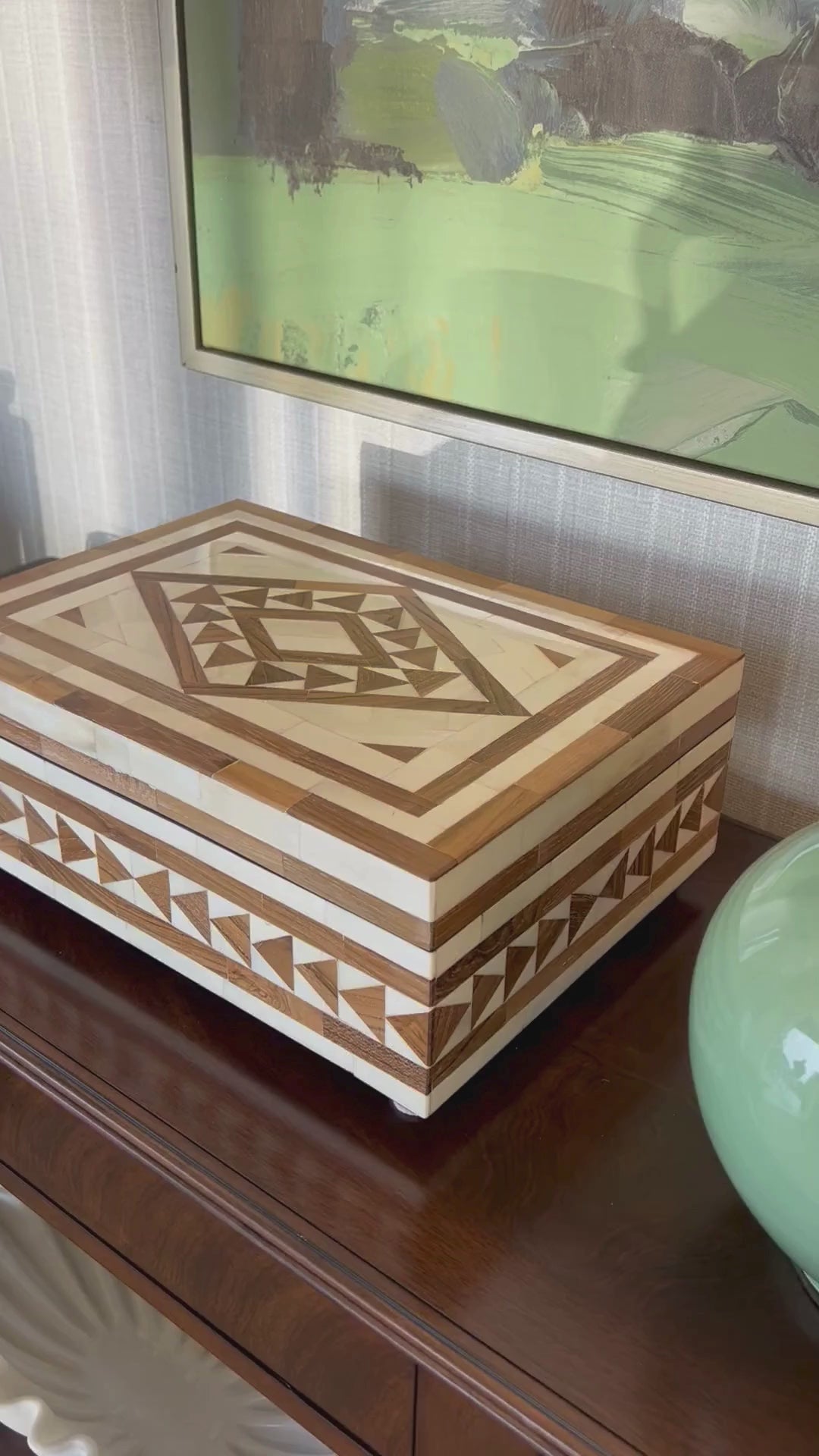 Teak and Bone Inlay Diamond Box