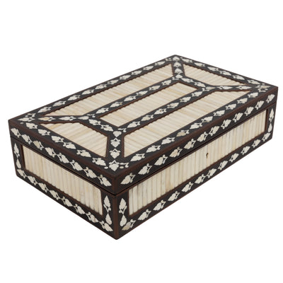 Teak wood box with lid. Bone inlay paneling, key hole at the front, wood trims and intricate bone inlay pattern.