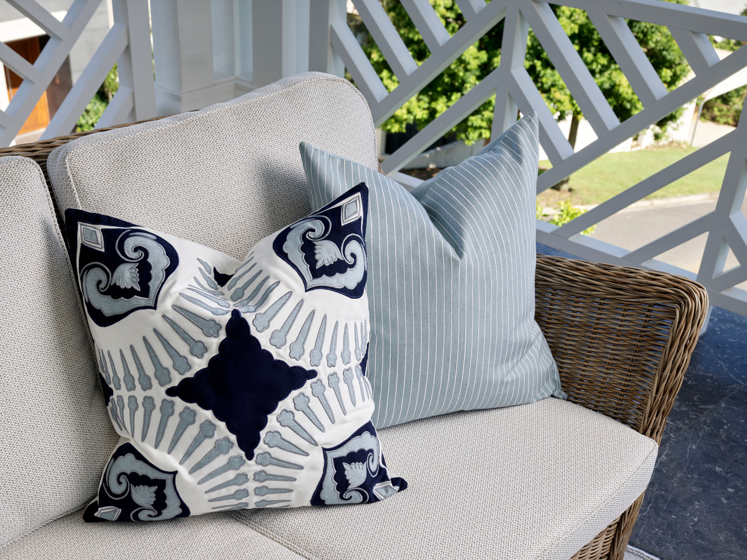 Outdoor Powder Blue Stripe Cushion Highgate House