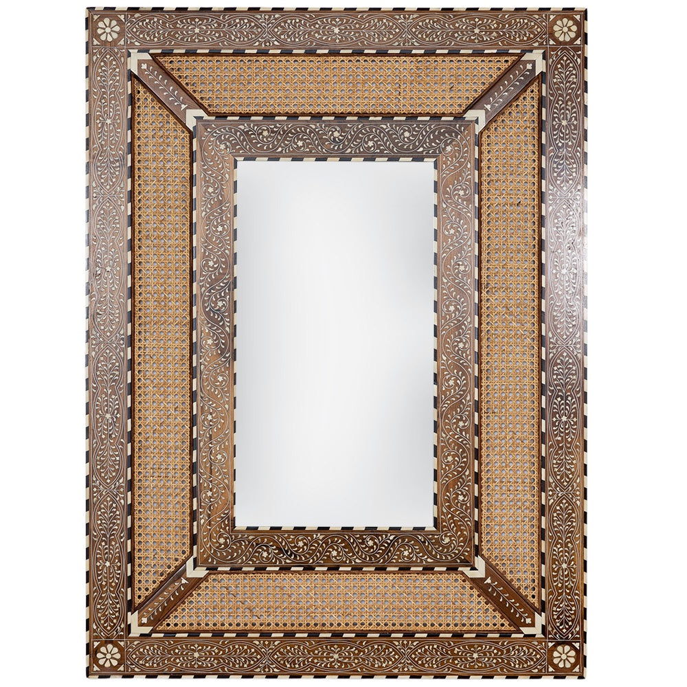 Teak Wood, Rattan & Bone Inlay Mirror